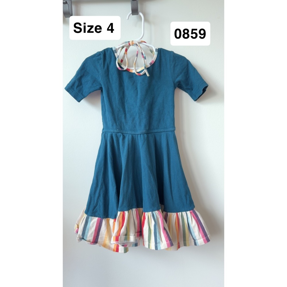 Omi Jo Girls Teal Blue Rainbow Stripe Ruffle Hem Tie Back Knit Dress Size 4